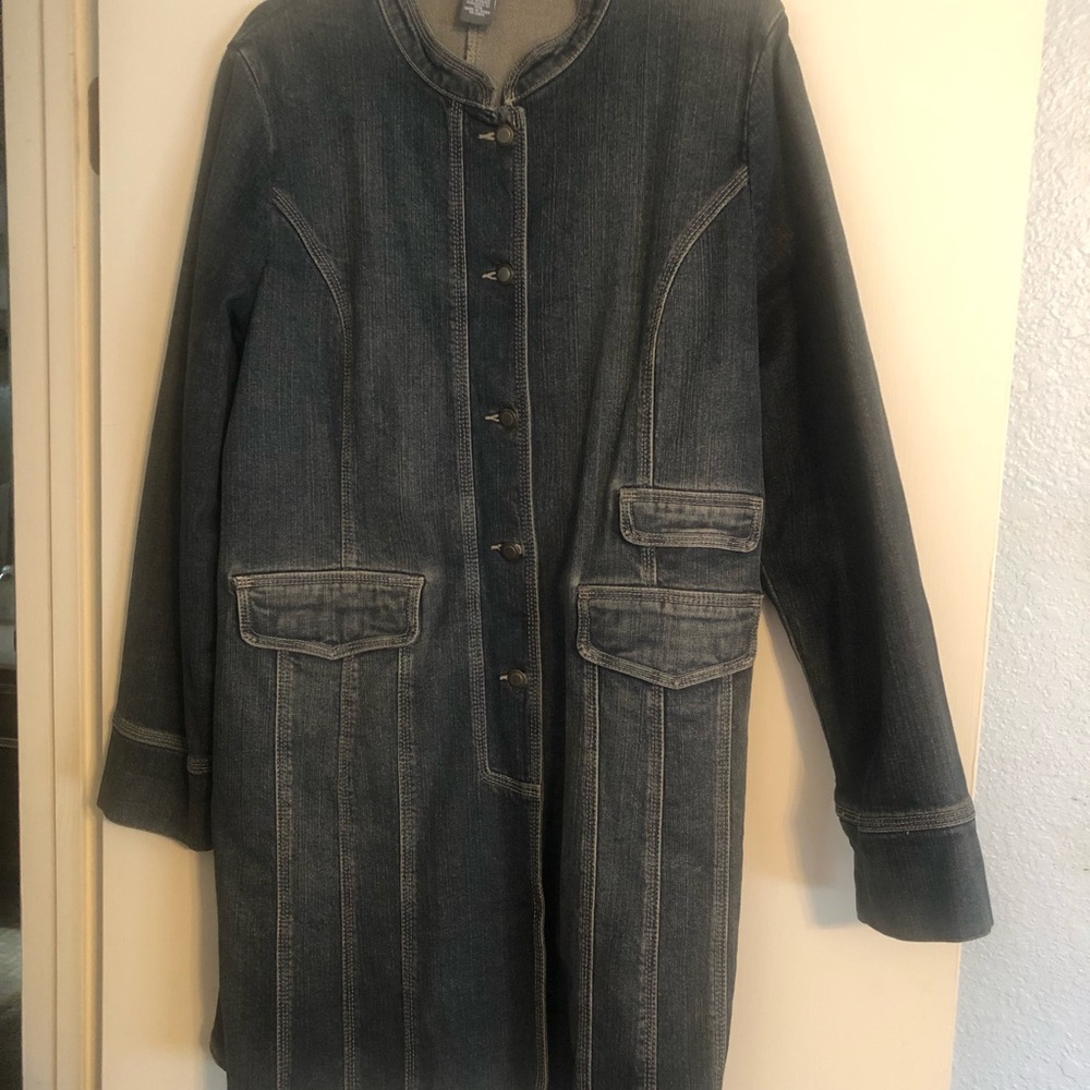 Long Dark Denim Coat Jacket in Black - Unbranded